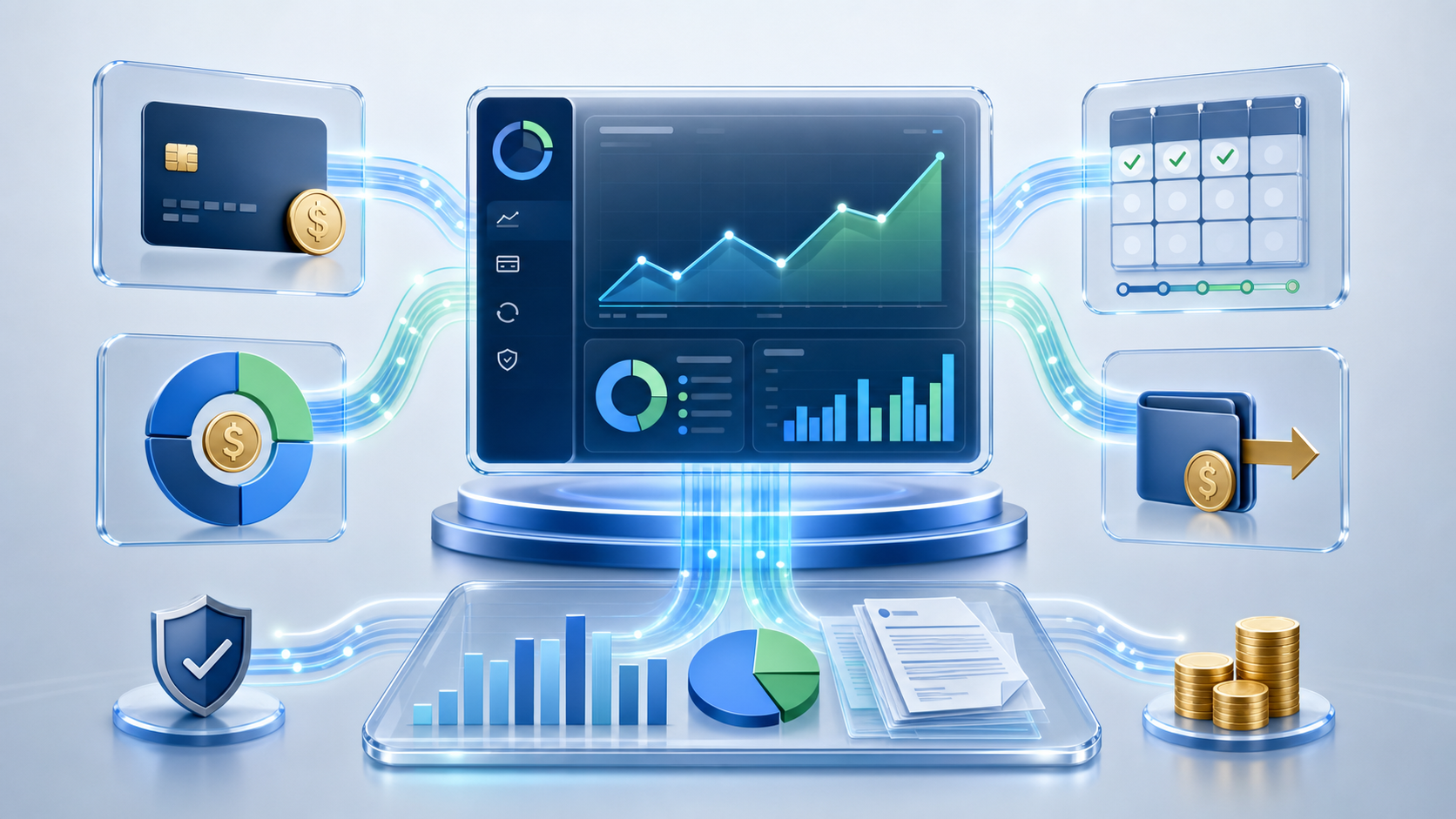 A clean, modern illustration showing financial transparency and payment processing workflow for sports registration. Display a central dashboard or financial interface with flowing data streams connecting to key financial elements: real-time payment tracking with currency symbols, installment payment schedule visualization, refund processing flow, and audit reporting graphs. Use a professional color palette with blues, greens, and touches of gold for financial trust. Include visual metaphors like transparent glass surfaces, clear data pathways, and organized financial metrics. Minimal, contemporary style with no people, emphasizing clarity, accuracy, and real-time visibility through clean geometric shapes and organized visual hierarchy. Convey trust and efficiency in financial management.