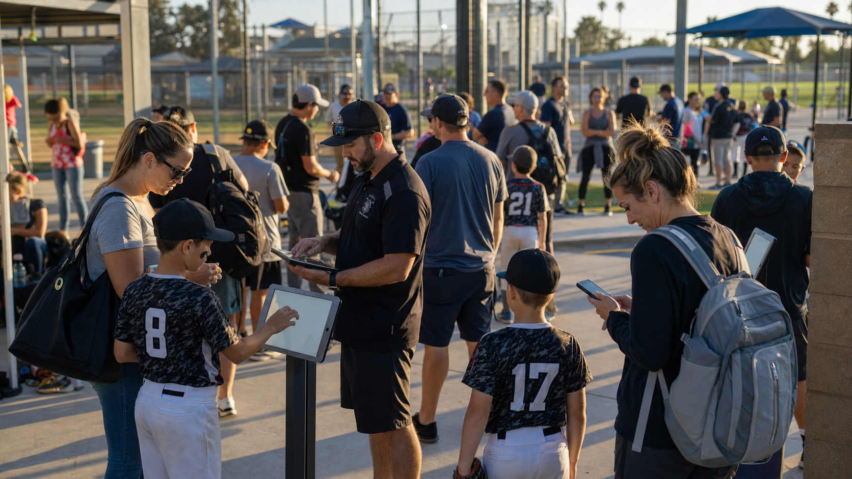 A vibrant youth sports event scene showing families at a tournament check-in area with digital kiosks and mobile devices, coaches reviewing schedules on tablets, and parents interacting at a community space near athletic fields. The scene should convey smooth operations, modern technology integration, and positive family engagement. Bright, energetic atmosphere with sports equipment and facilities visible in the background. Professional photography style, warm natural lighting.
