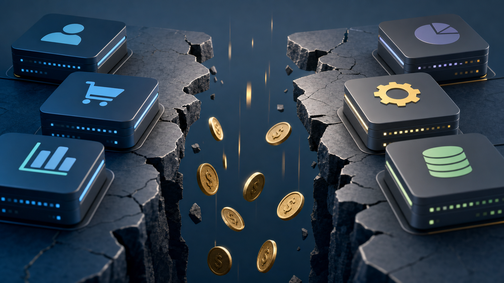 A conceptual illustration showing revenue or money leaking through gaps or cracks between disconnected systems. Visual metaphor of financial loss through fragmentation, depicted as coins or dollar symbols falling through broken connections between separate digital platforms or databases. Clean, modern business illustration style with professional color palette of blues, grays, and accent colors suggesting financial data and lost opportunity.