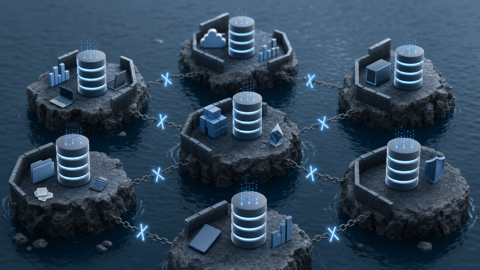 A conceptual illustration showing multiple disconnected software platforms or systems as isolated islands or silos, with data trapped in each separate container. Visual metaphor of fragmented digital tools that cannot communicate with each other, depicted through separated geometric shapes, barriers between database symbols, or isolated cloud storage units with broken connection lines between them. Modern, clean tech illustration style with cool blue and gray tones.