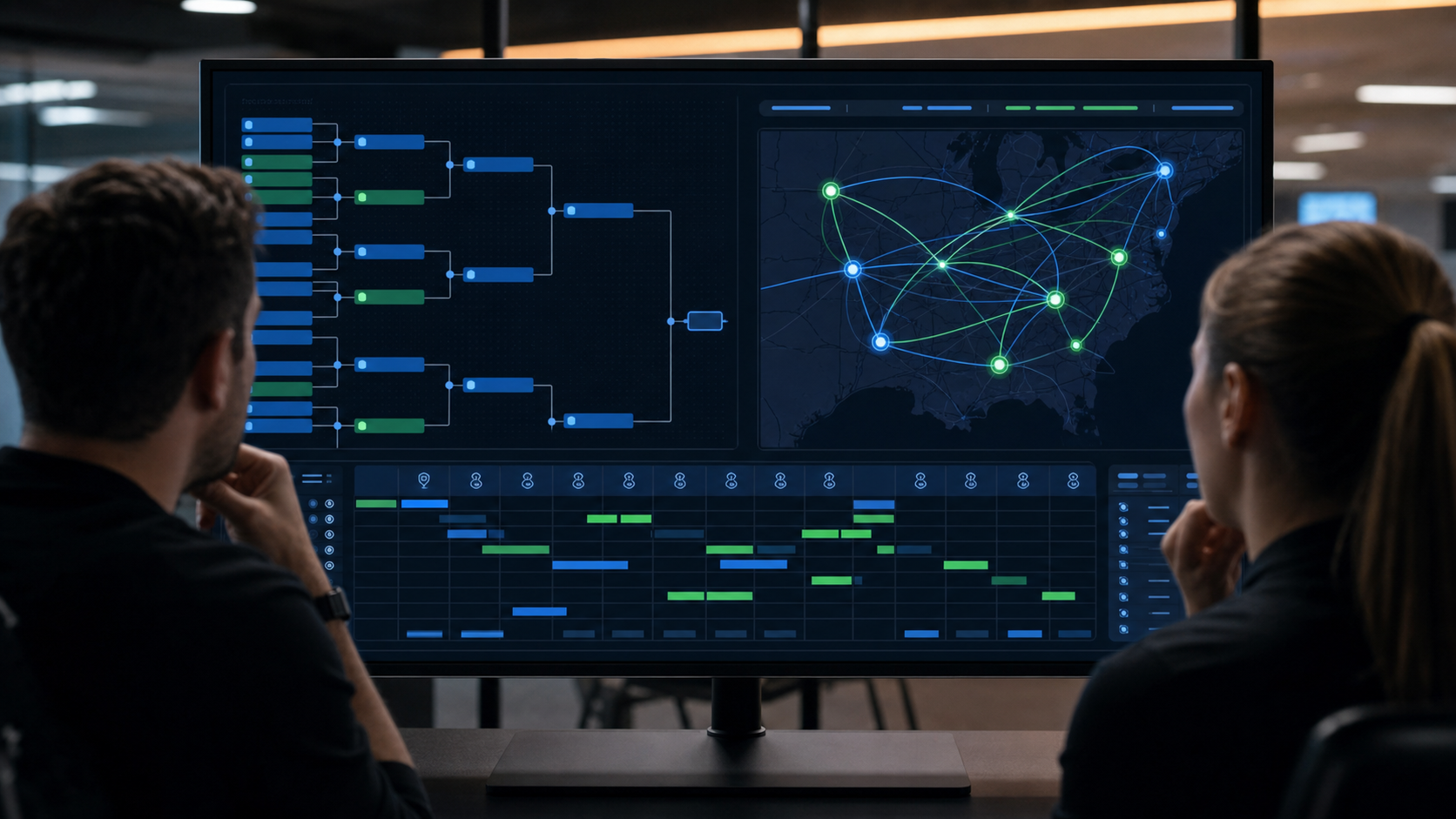 A sleek digital dashboard interface displayed on a large monitor screen, showing a color-coded sports tournament bracket and scheduling grid with interconnected nodes and timelines, glowing blue and green data visualizations, multiple venue locations connected by dynamic lines, a clean modern control room aesthetic with soft ambient lighting, conveying intelligent automated processing of complex scheduling data