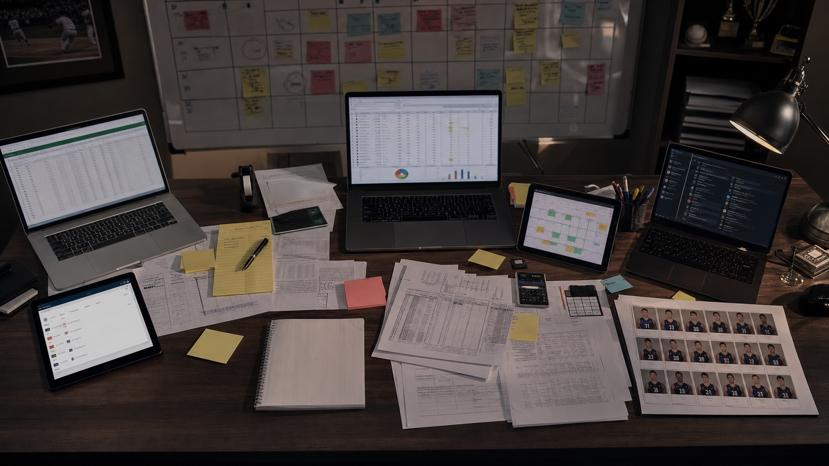 A cluttered sports league director's desk viewed from above, with multiple laptops and tablets open showing different spreadsheets and apps, sticky notes everywhere, printed roster sheets scattered around, a whiteboard covered in schedules in the background, overwhelmed by disconnected systems, cinematic lighting, realistic photography style, no people visible