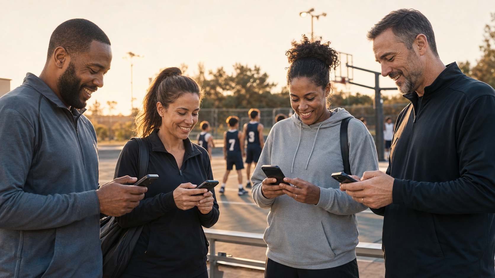 A diverse group of sports parents and coaches looking at their smartphones with satisfied expressions, receiving real-time schedule updates and notifications, standing near a youth basketball court, warm natural lighting, modern and organized atmosphere, realistic photography style, no people shown from behind, no text or words visible anywhere in the image