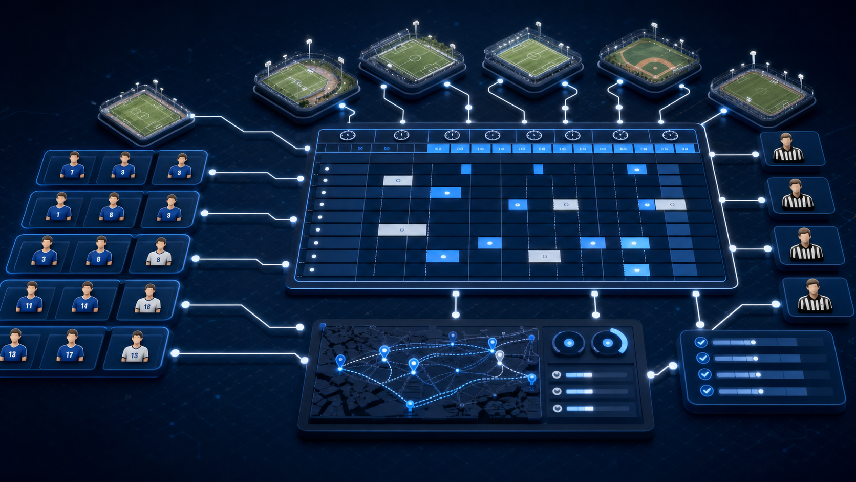 A modern digital dashboard interface showing sports league scheduling visualization with multiple interconnected elements: sports fields and venues represented as nodes, team roster icons, time slots arranged in a grid pattern, referee assignments, and constraint indicators like rest periods and travel distances. The visualization should show optimization pathways connecting these elements in a clean, technical style with a blue and white color scheme. Abstract, professional, technology-focused illustration without any text or labels.