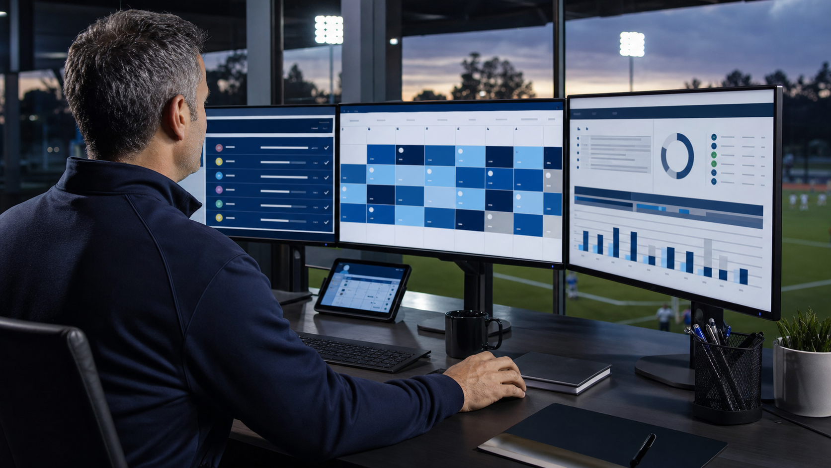 A modern sports league director workspace showing a clean dashboard interface with automated schedule management tools, conflict detection alerts being automatically flagged and resolved, calendar views with color-coded teams and venues, and visual indicators of fair distribution across divisions. The scene should convey organized efficiency and real-time visibility into league operations, with a professional blue and white color scheme. No text, words, or letters should appear in the image.