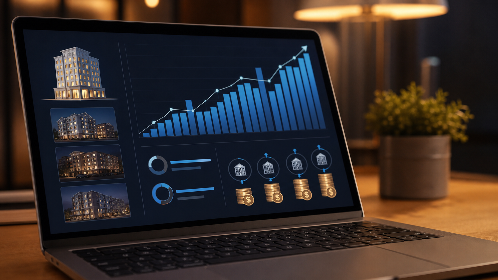 A close-up of a modern digital dashboard on a laptop screen showing bar charts and progress indicators representing hotel room booking rates climbing upward, with small icons of hotel buildings and currency symbols, warm professional lighting, clean minimal aesthetic, no people, photorealistic style