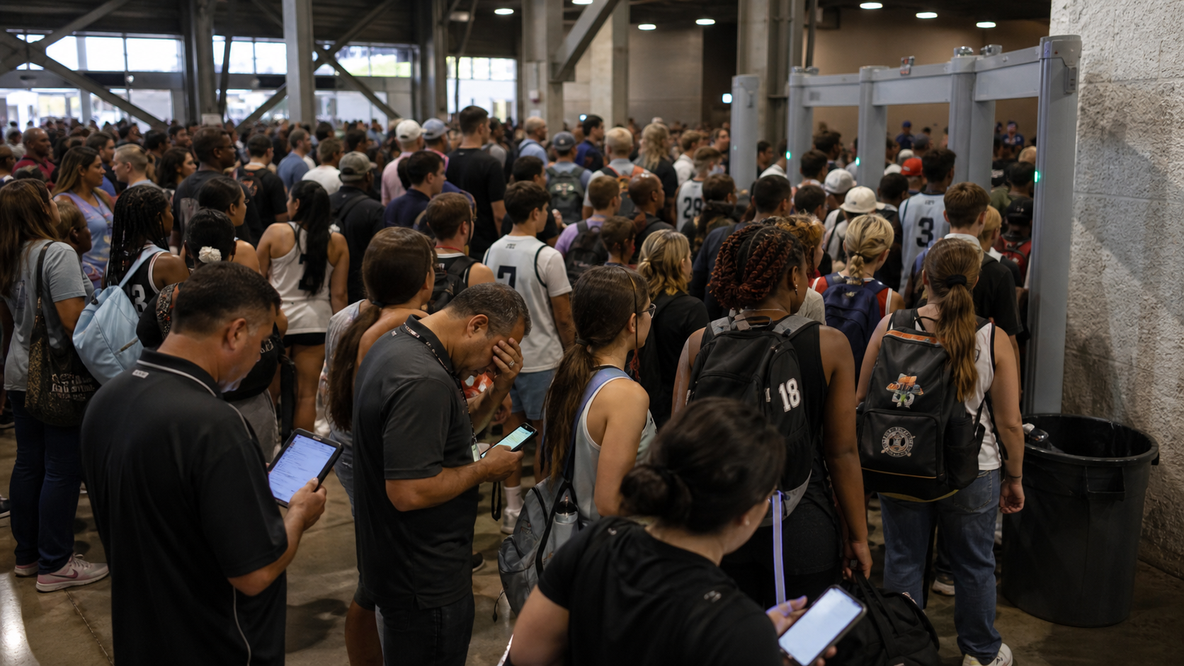 A crowded sports tournament entrance gate with a long line of families and athletes waiting to enter, staff holding phones and tablets looking frustrated, indoor gymnasium setting with concrete walls and steel beams, overhead fluorescent lighting, people in athletic gear with sports bags, realistic photography style, warm and slightly chaotic atmosphere