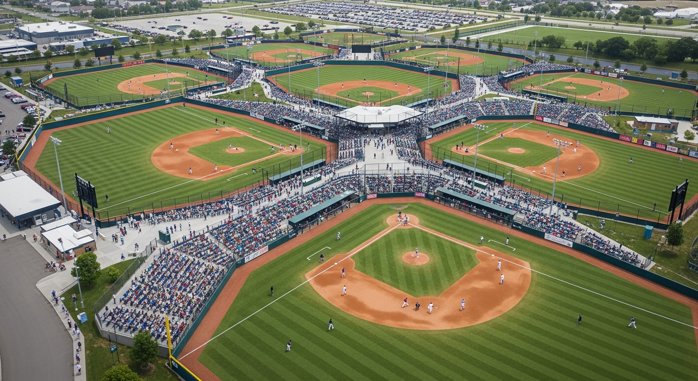 A bird's eye view of multiple baseball diamonds and fields at a large sports complex, showing several games happening simultaneously across different fields. The scene includes organized tournament activity with teams, dugouts, and spectators. Modern, clean illustration style with a professional sports facility atmosphere. Bright daylight, well-maintained fields with clear baselines and outfields, parking areas visible in the background.