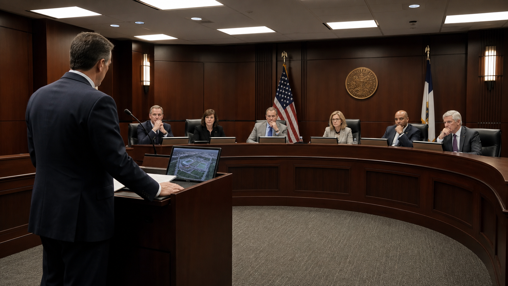 A sports tourism director standing at a podium presenting to a serious-looking city council panel seated at an elevated curved bench in a formal government chamber, overhead fluorescent lighting, American flags in background, official nameplate placards on the desk, wide-angle perspective showing both the presenter and the skeptical council members, photorealistic style