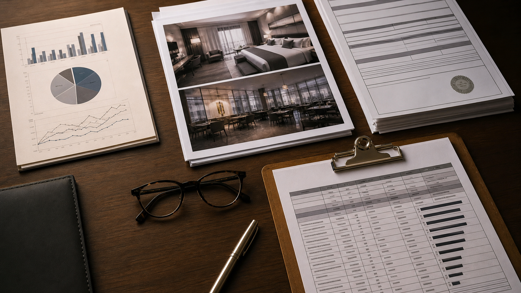 A clean, professional overhead view of a desk with a structured data report, hotel booking confirmation documents, verified registration papers, and a clipboard with organized statistics, alongside a pen and reading glasses, warm office lighting, no screens, photorealistic style