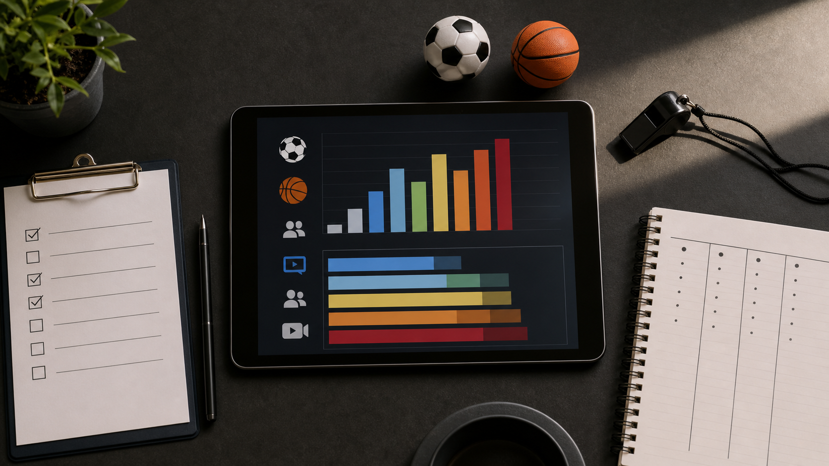 A flat-lay aerial view of a modern sports operations desk with a tablet displaying colorful bar charts and platform icons, surrounded by a clipboard with a checklist, a whistle, small soccer and basketball miniatures, and a notebook with organized columns, clean minimal style, soft natural lighting, no text or labels anywhere