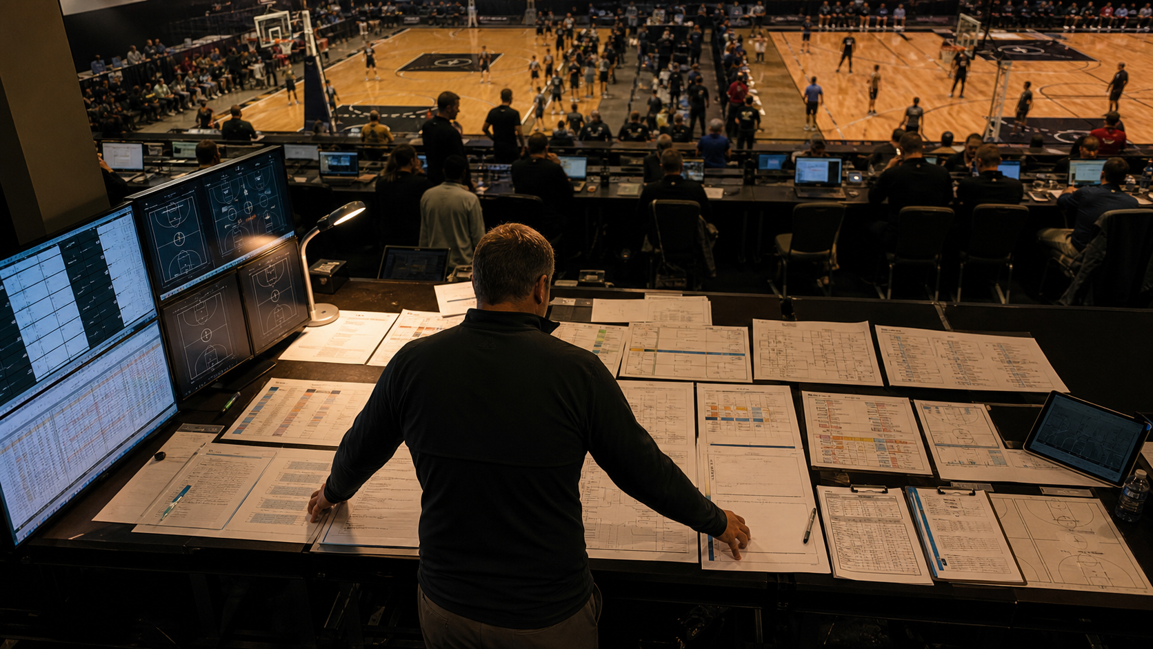 A tournament director standing at a large command center table covered with printed schedules, clipboards, and venue maps spread across multiple surfaces, surrounded by screens showing court layouts and bracket grids, overhead view of a busy sports operations hub with a stressed but focused coordinator managing multiple venue logistics simultaneously, warm indoor lighting, realistic photography style