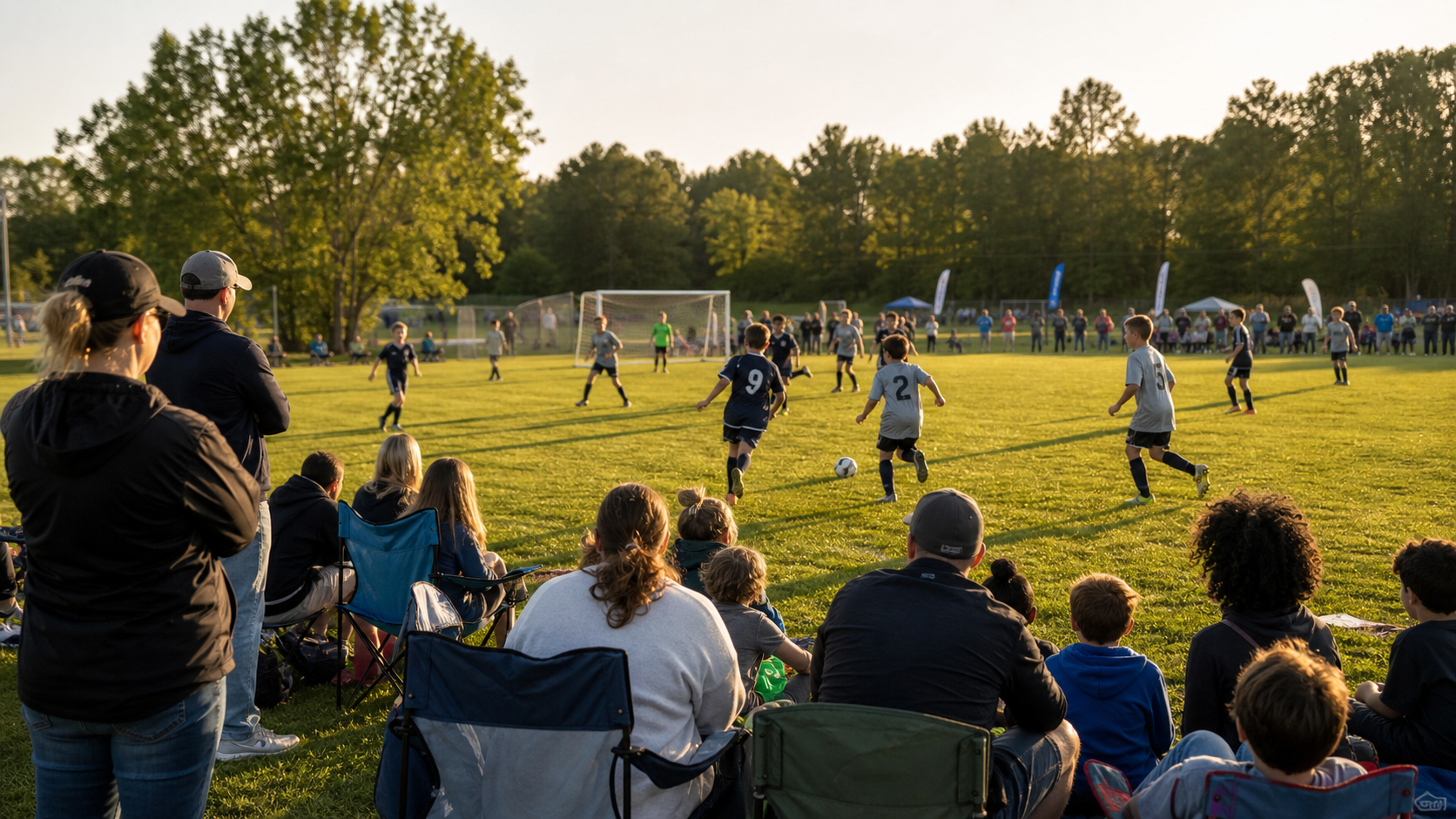A lively youth sports game day scene with families cheering from the sidelines, parents and siblings watching young athletes play soccer on a sunny green field, colorful team jerseys, a festive community atmosphere with portable seating and banners, warm natural lighting, wide angle view capturing the crowd energy and the field together