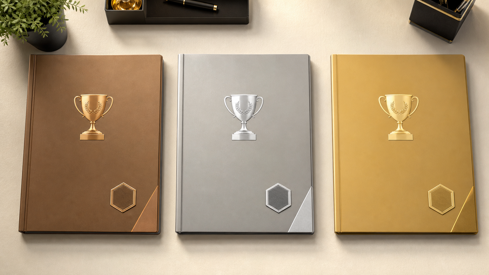 A neatly arranged set of three tiered sponsorship package folders or binders on a clean desk, each a different color representing bronze, silver, and gold levels, with small trophy icons and badge-like labels, soft professional lighting, flat lay overhead view, organized and polished business presentation style