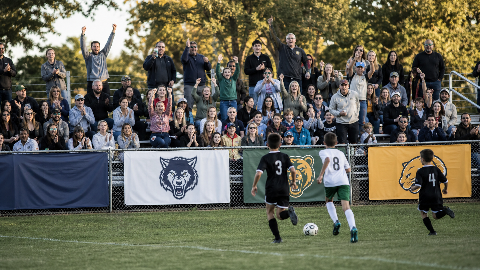 A wide shot of enthusiastic parents and families cheering from bleachers at a youth soccer game, colorful team banners visible along the sideline fence, bright outdoor lighting, vibrant crowd energy, candid documentary style photography