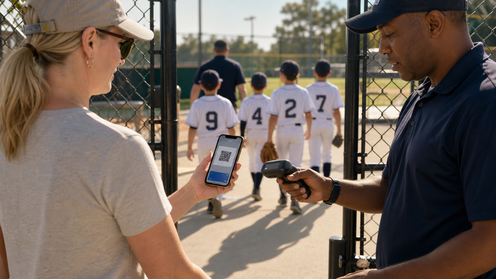 A parent holding a smartphone displaying a digital ticket in a mobile wallet app at a youth sports event entrance gate, a volunteer scanner nearby, bright outdoor sports facility setting, sunny day, casual family atmosphere, no text or words visible anywhere