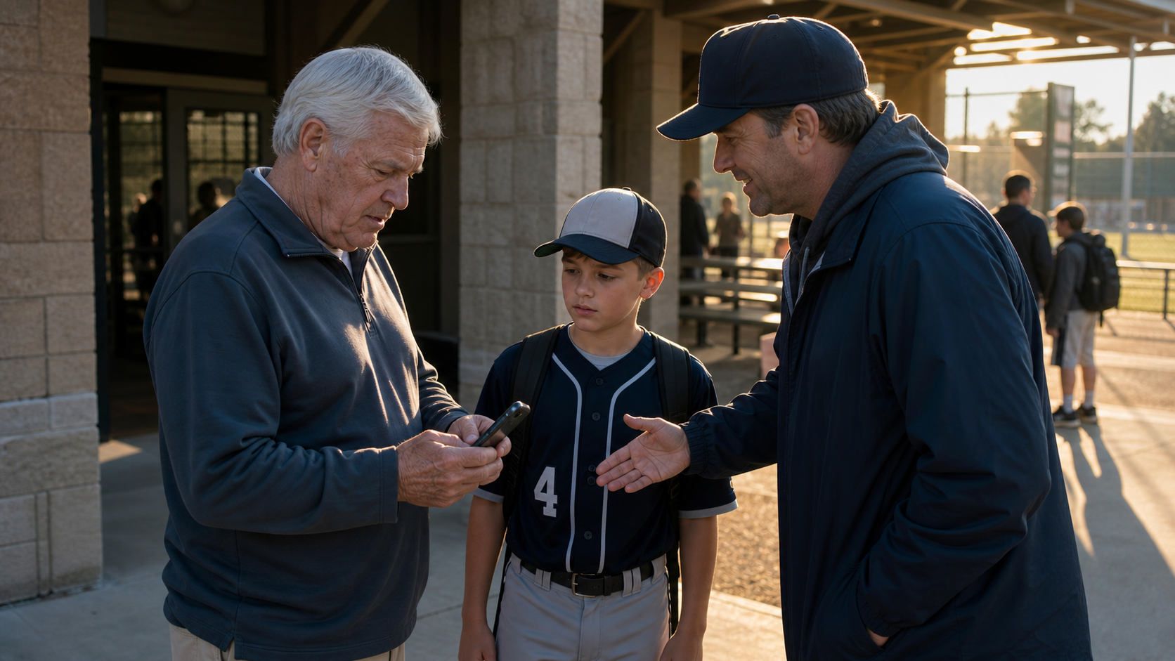 A grandparent and grandchild standing outside a youth sports facility entrance, the grandparent looking uncertain while holding a basic phone, a friendly volunteer nearby offering to help, warm afternoon sunlight, welcoming outdoor community sports setting, no text or words visible anywhere