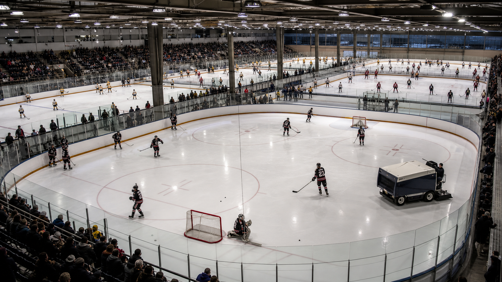 A wide aerial view of a large indoor ice hockey arena complex with multiple rinks visible, bright overhead lighting illuminating the ice surfaces, players in colorful jerseys warming up on the ice, spectators filling the stands, Zamboni resurfacing machine on one rink, hockey nets and face-off circles clearly visible, bustling tournament atmosphere with multiple games happening simultaneously, photorealistic style