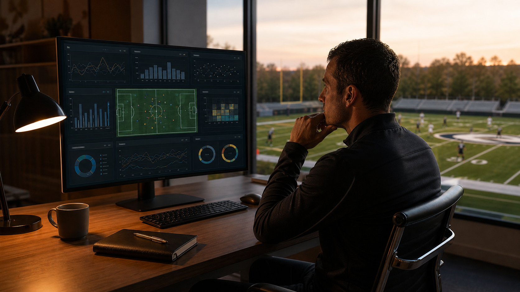 A sports club administrator sitting at a modern desk reviewing multiple software dashboards on a large monitor, with a football field visible through a window in the background, warm office lighting, professional and organized workspace with a notebook and coffee cup, photorealistic style