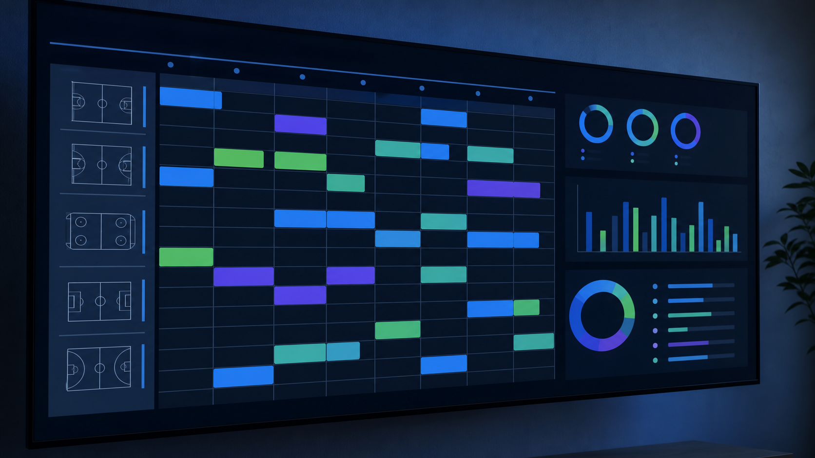 A sleek, modern digital sports scheduling interface displayed on a large monitor screen, showing a colorful grid calendar with color-coded game slots across multiple venues, small sports court icons representing different locations, glowing blue and green accent colors on a dark background, with abstract data visualization elements like bar charts and circular progress rings, flat geometric design style, no text or labels