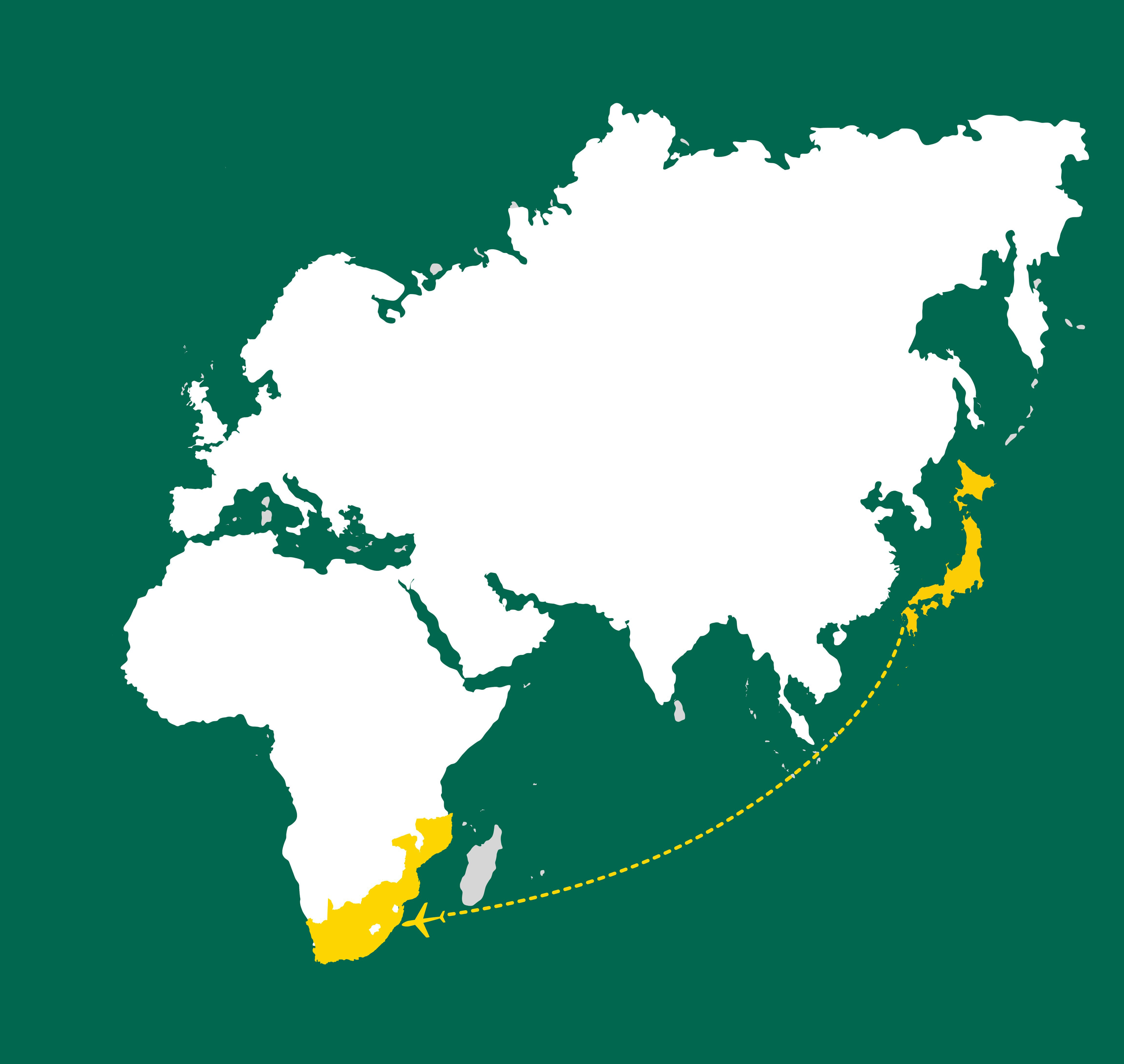 map connecting Japan to South Africa