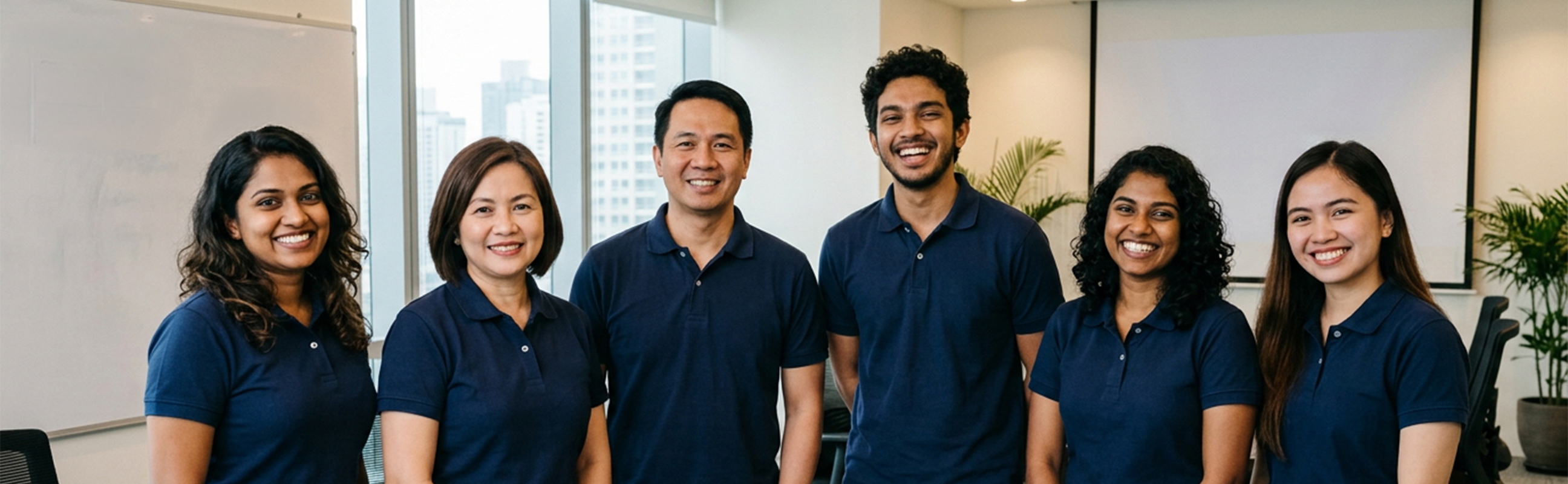 A group of male and female EDGE tutors that are happy with a stable and fulfilling work from home online ESL careers