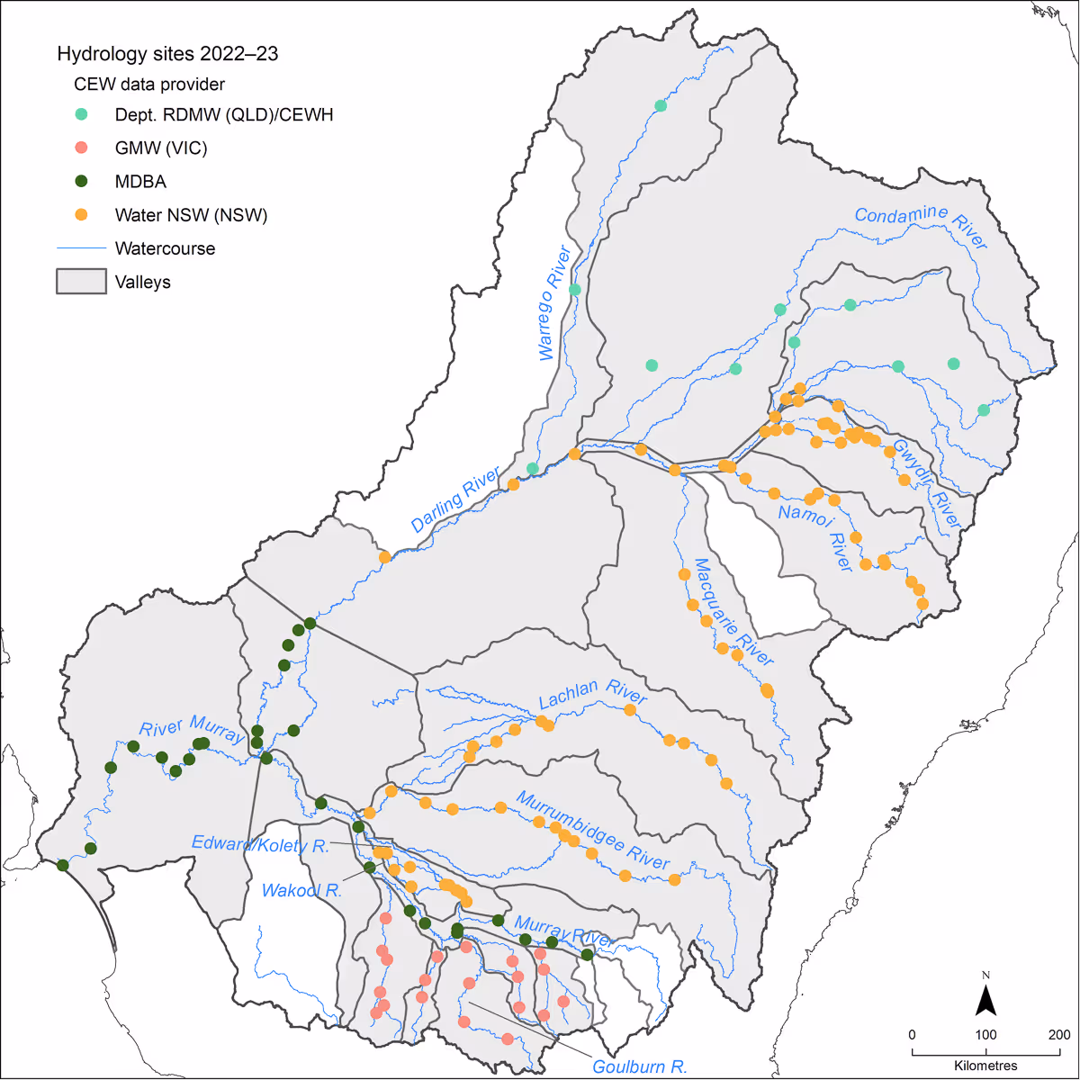 Map of the Murray–Darling Basin showing hydrology monitoring sites for 2022–23, color-coded by data provider across major rivers and valleys.