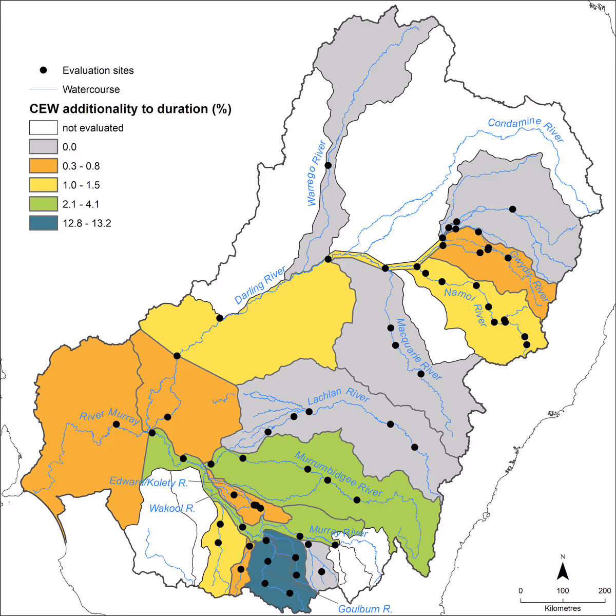 Map of the Murray–Darling Basin showing CEW (Commonwealth Environmental Water) additionality to flow duration in percent by valley, with color-coded zones and evaluation sites.

