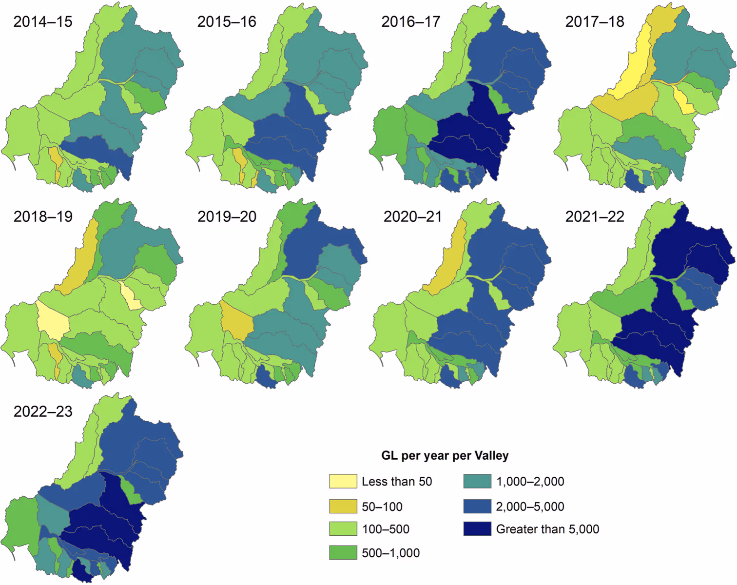 Annual maps from 2014–15 to 2022–23 showing environmental water delivered per valley in gigalitres, categorized by color from less than 50 GL to greater than 5,000 GL.

