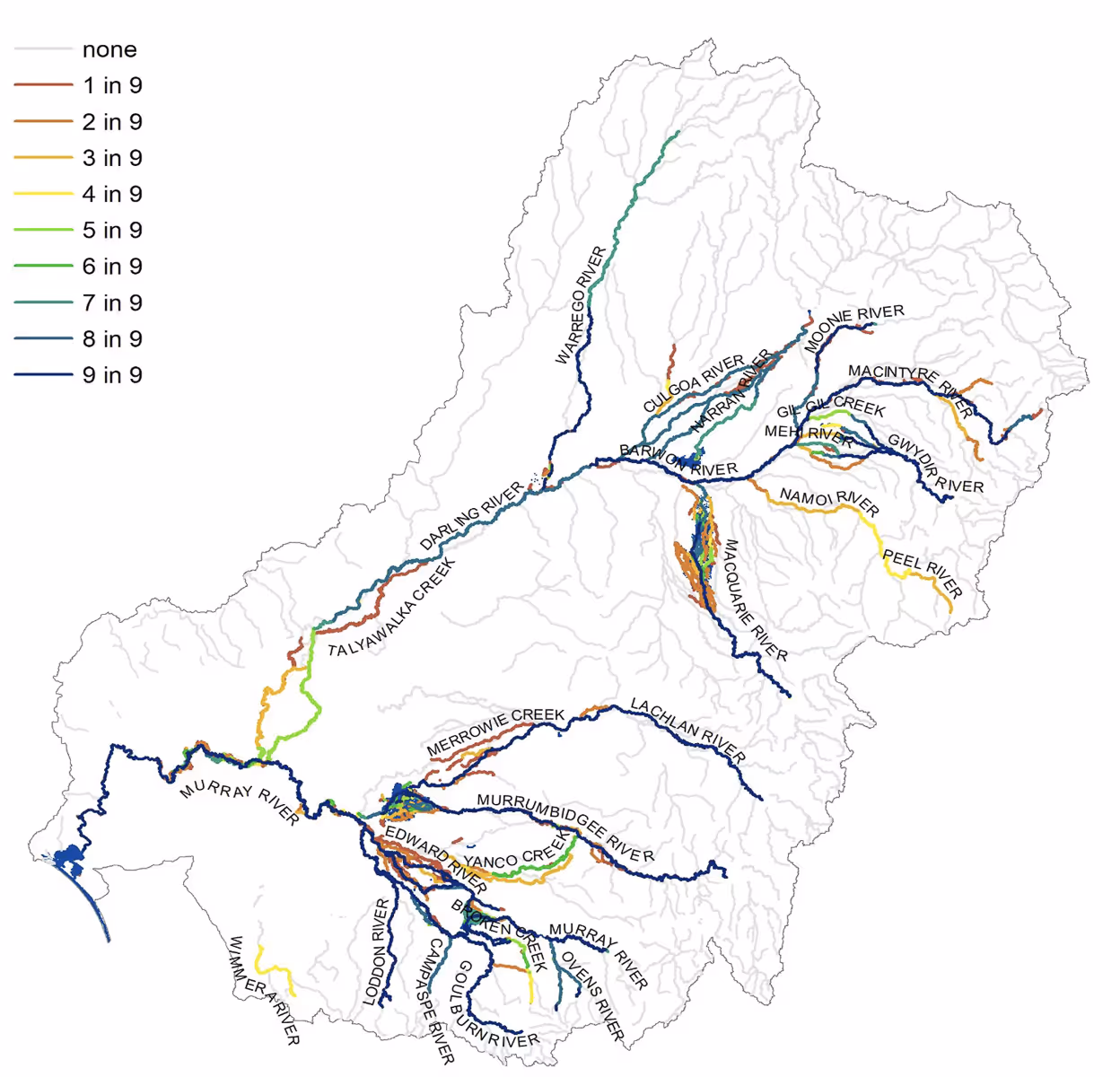 Map of the Murray–Darling Basin rivers showing frequency of environmental water delivery from 2014–15 to 2022–23, using a color scale from "none" to "9 in 9" years.

