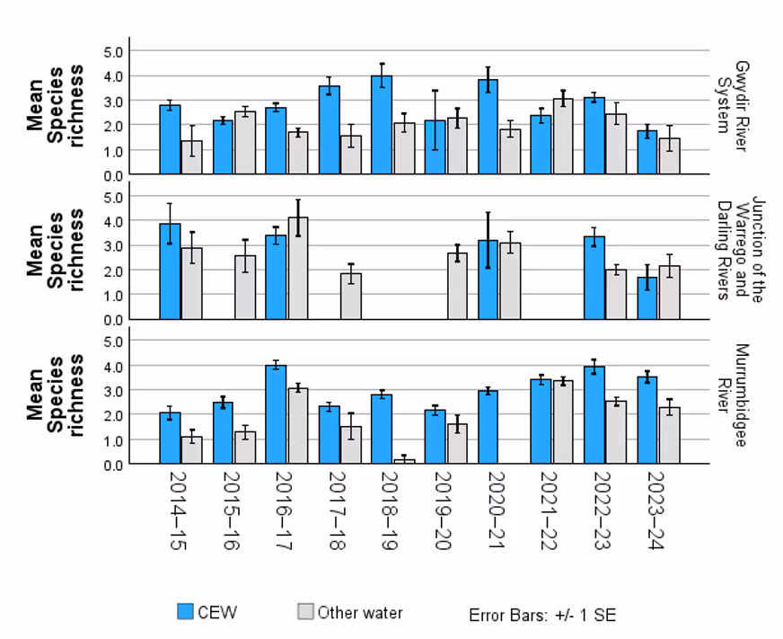 Bar chart comparing mean species richness between CEW and other water sources from 2014–15 to 2023–24 across the Gwydir, Warrego–Darling junction, and Murrumbidgee River.