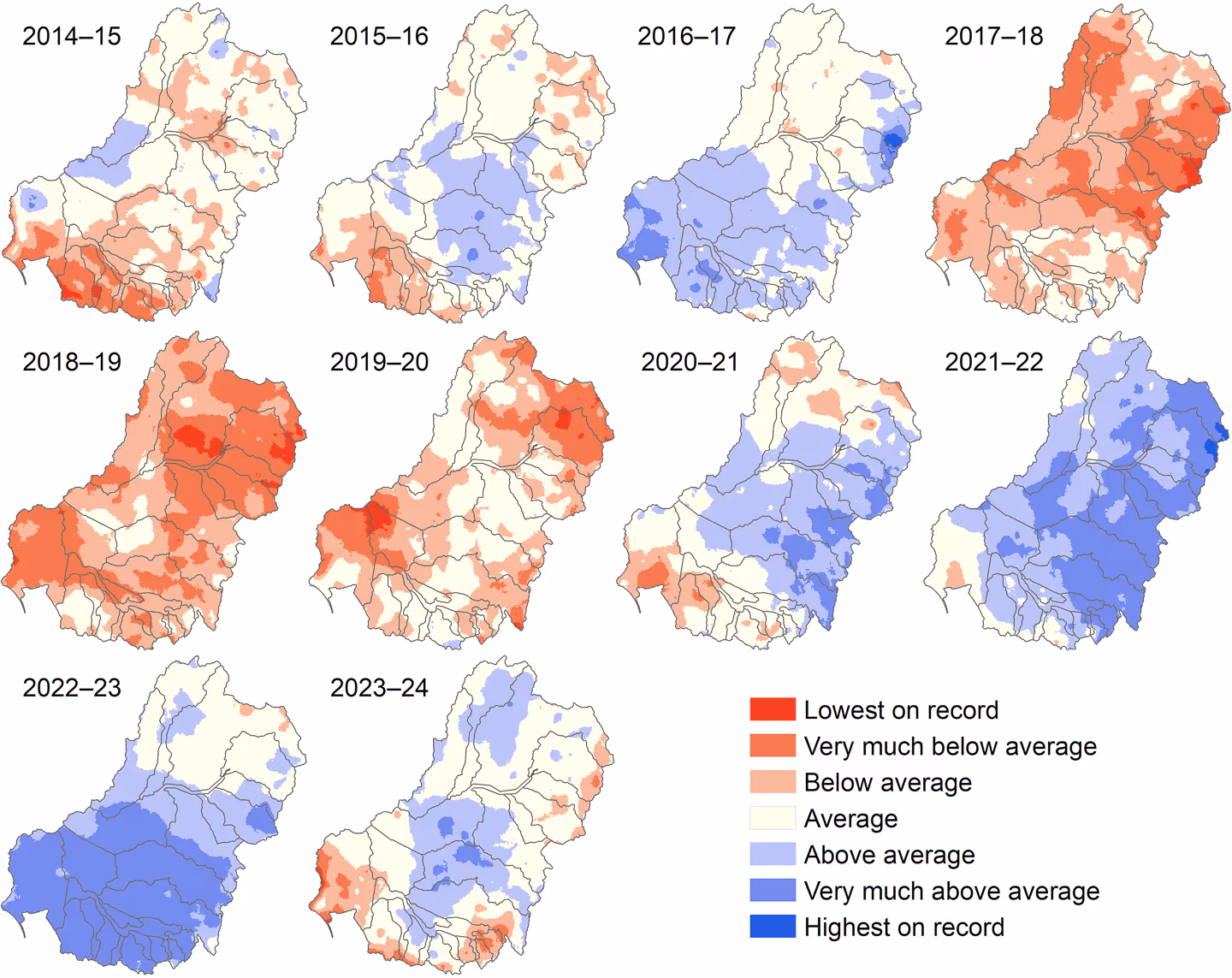 Series of maps showing rainfall anomalies across a region from 2014–15 to 2023–24, ranging from lowest on record (red) to highest on record (blue)