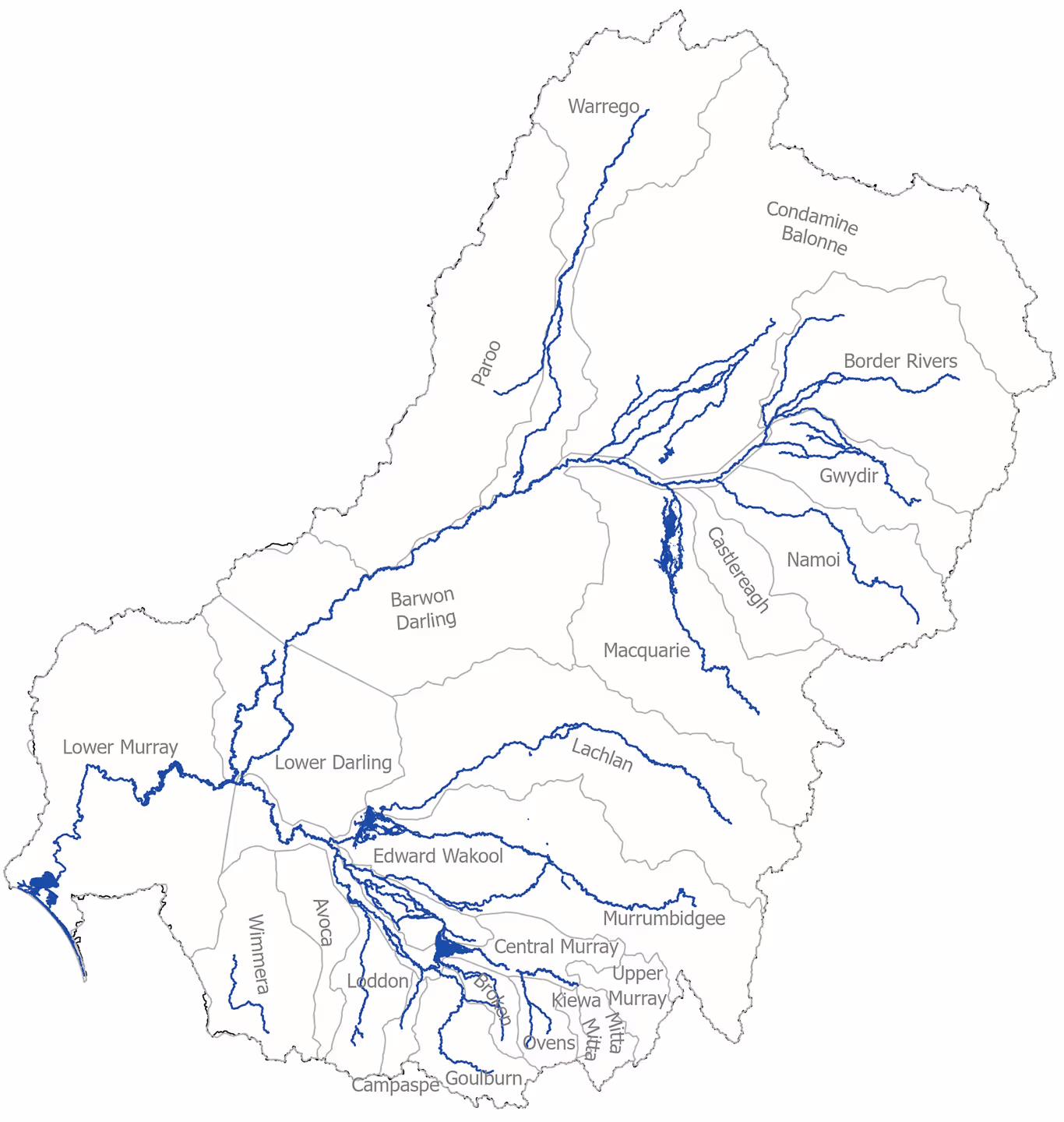 Map of the Murray–Darling Basin showing major rivers and catchments including Warrego, Condamine Balonne, Gwydir, Namoi, Macquarie, Lachlan, Murrumbidgee, and Lower Murray.