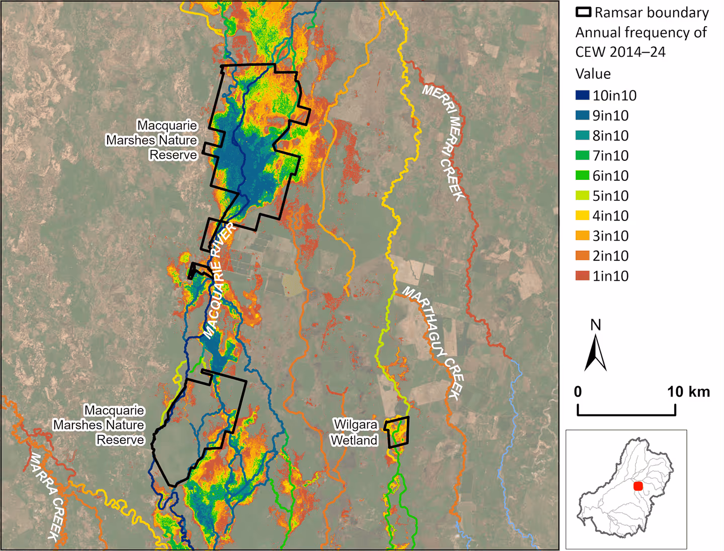 Map showing annual CEW inundation frequency (2014–2024) across the Macquarie Marshes Nature Reserve and surrounding wetlands. Includes Wilgara Wetland and major waterways like Macquarie River, Merri Merri Creek, and Marthaguy Creek.