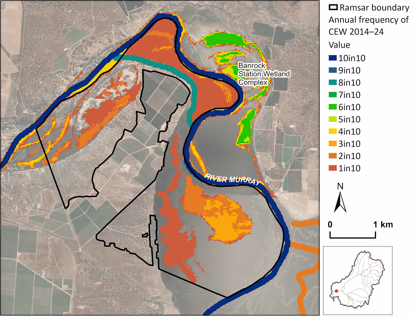 Map showing CEW inundation frequency (2014–2024) in Banrock Station Wetland Complex, with Ramsar boundary outlined. River Murray visible, and frequency values range from 1-in-10 to 10-in-10 years.
