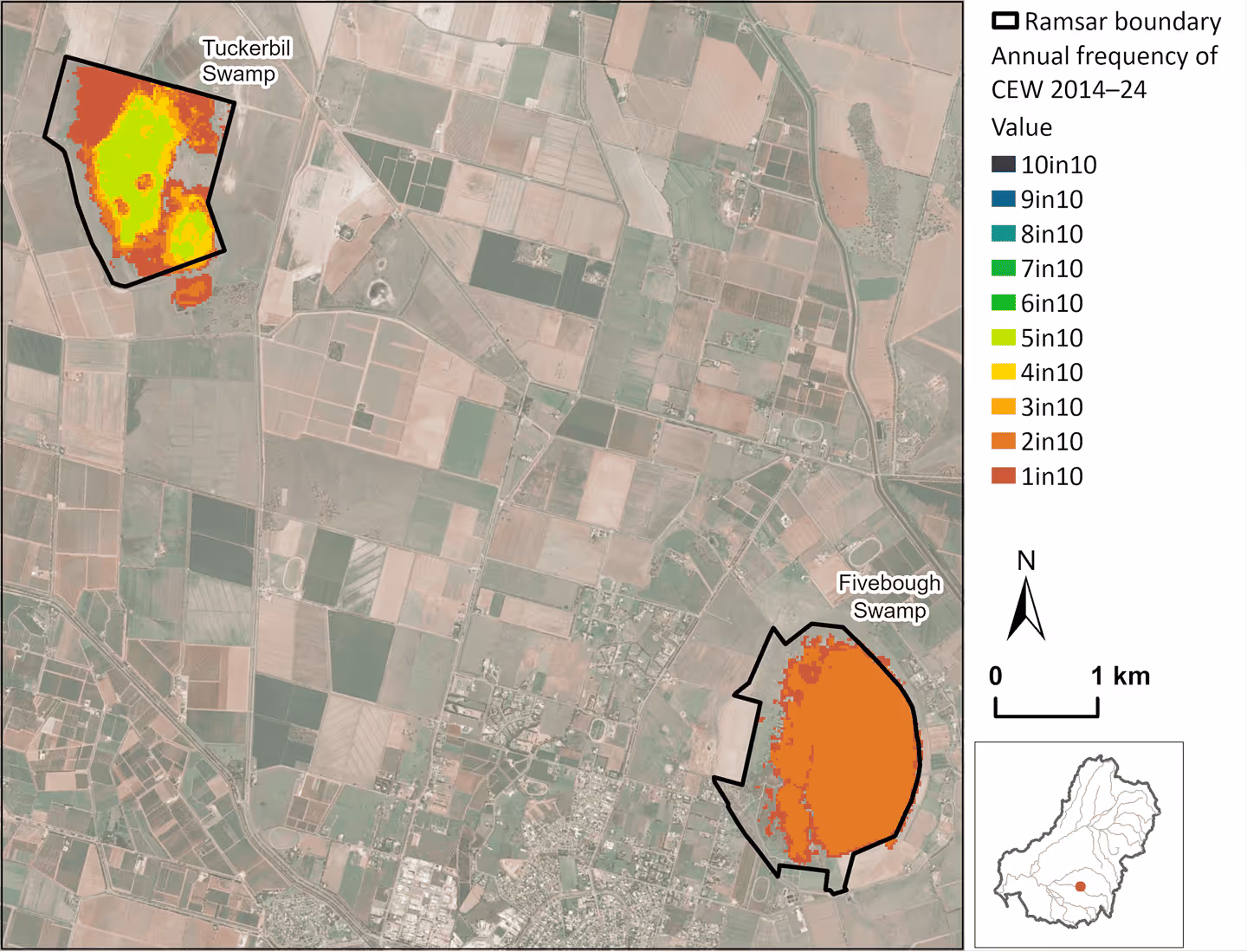 Map showing Fivebough and Tuckerbil Swamps, with Ramsar boundaries outlined. CEW inundation frequency from 2014–2024 mostly ranges from 3-in-10 to 5-in-10 years. Urban and agricultural land surrounds the swamps.