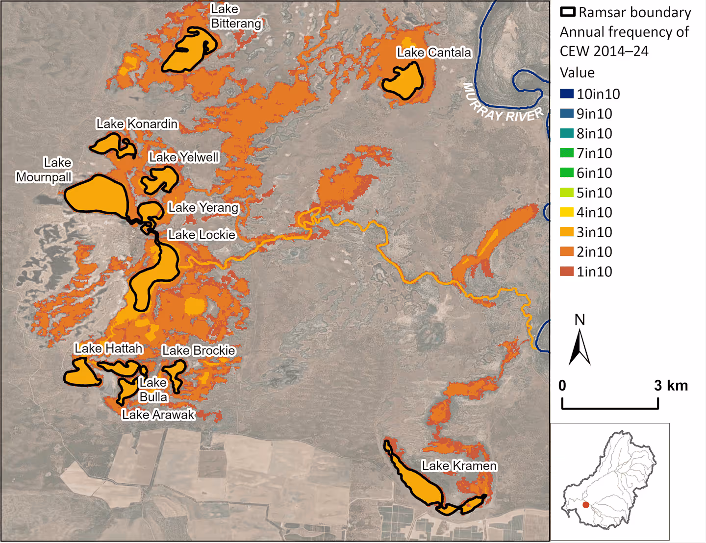Map of Hattah–Kulkyne Lakes region showing annual CEW inundation frequency (2014–2024). Lakes include Hattah, Mournpall, Yelwell, Lockie, Brockie, and Kramen. Most lakes show low to moderate inundation frequency within Ramsar boundaries.
