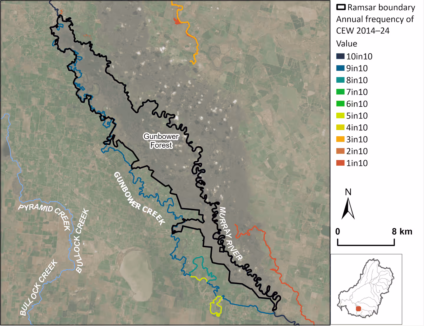 Map showing annual CEW inundation frequency (2014–2024) in Gunbower Forest, with Ramsar boundary outlined. Includes Pyramid Creek, Bullock Creek, and Gunbower Creek. Frequency ranges from 1-in-10 to 10-in-10 years.