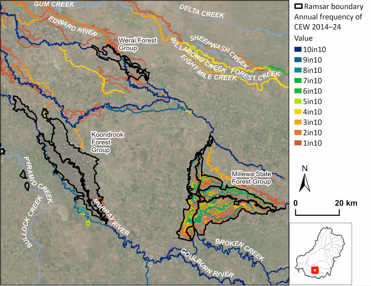 Map showing annual CEW inundation frequency (2014–2024) across Millewa, Koondrook, and Werai forest groups. Frequency varies from low (1-in-10) to high (10-in-10), with the Murray and Edward Rivers visible.
