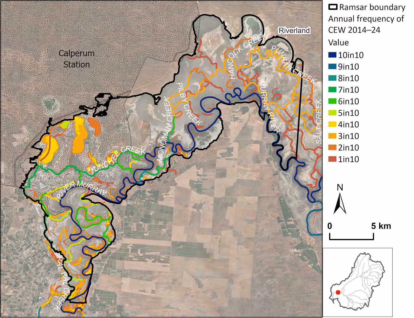 Map displaying CEW inundation frequency (2014–2024) in Riverland and Calperum Station region. Key features include the Murray River, Pike Creek, and several creeks with high inundation areas within Ramsar boundaries.