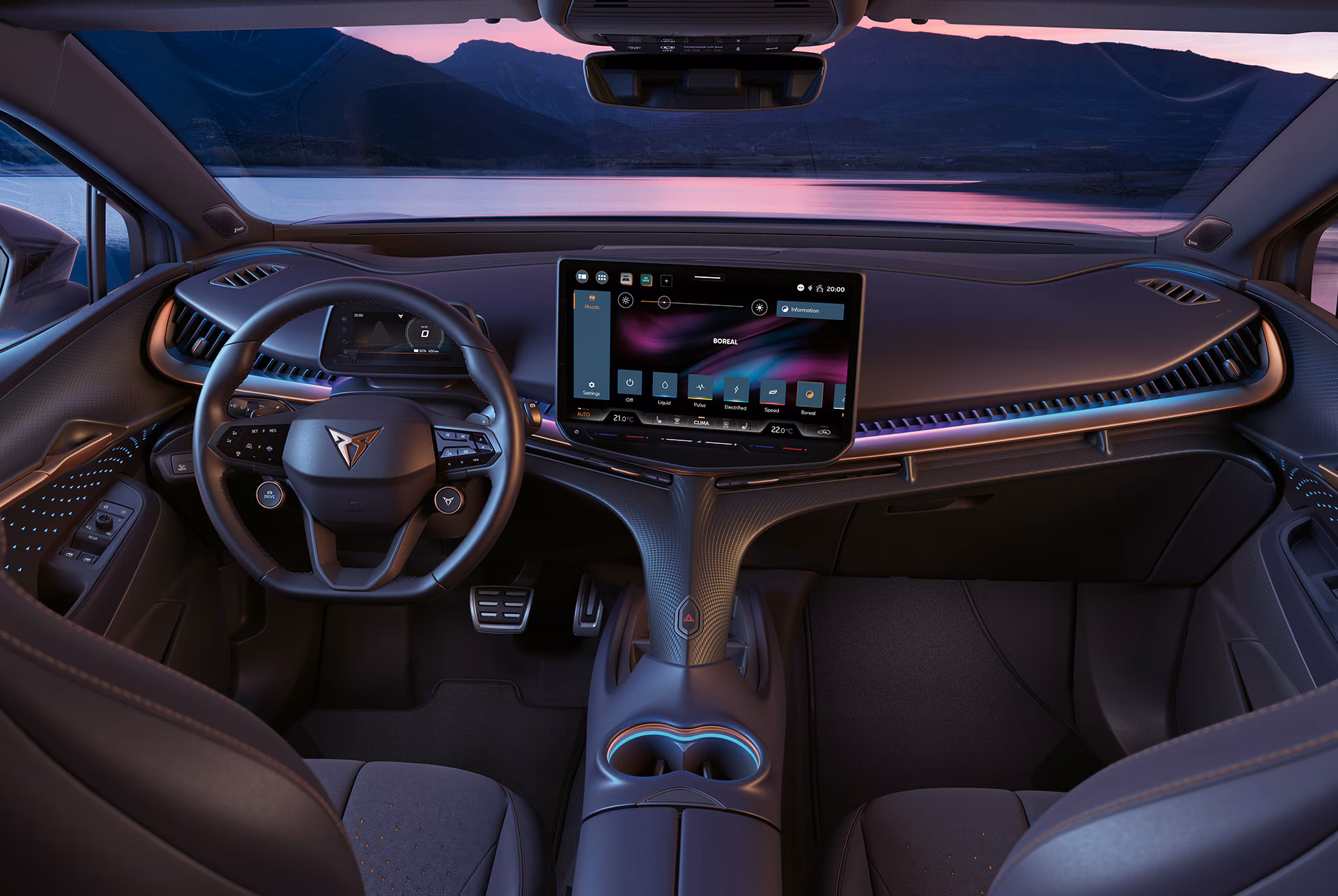 Interior view of a modern car cockpit at dusk with a digital steering wheel, central touchscreen display, and ambient lighting.