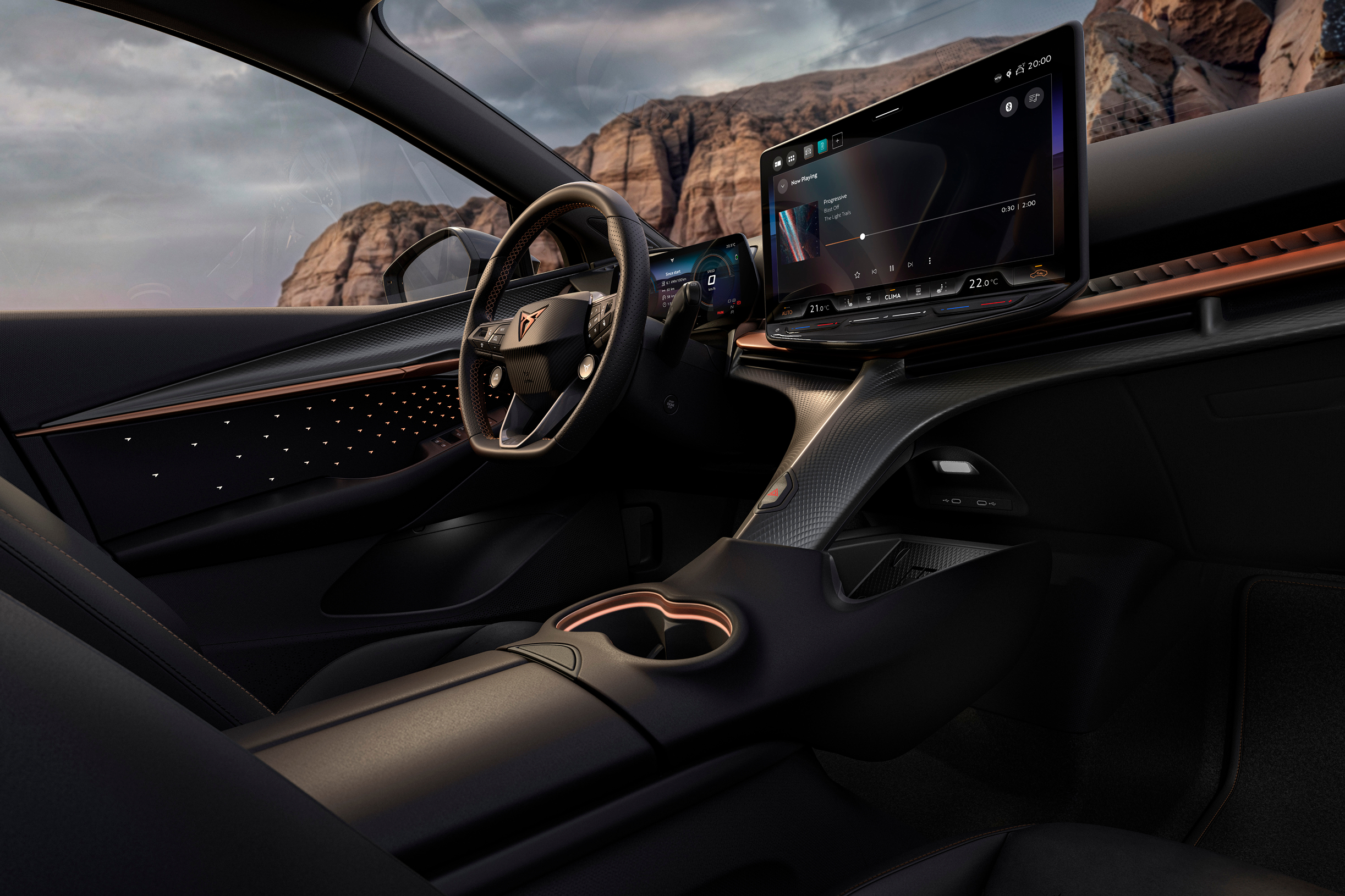Interior view of a modern car cockpit at dusk with a digital steering wheel, central touchscreen display, and ambient lighting.