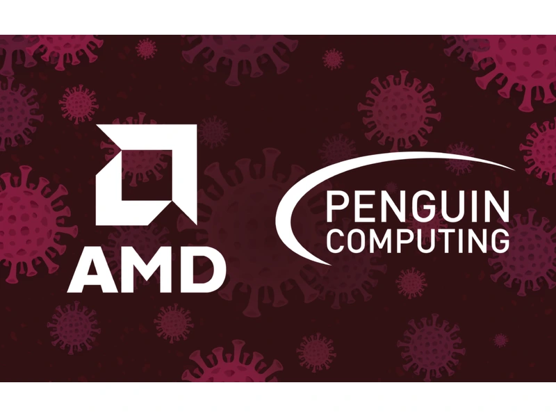 Logotipos de AMD y Penguin Solutions que representan la asociación de investigación de virus.