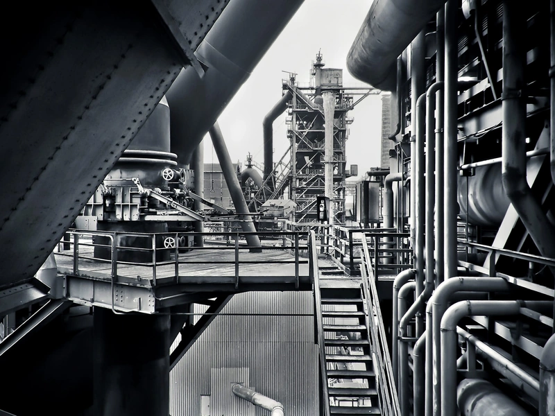 Complejo industrial con estructuras metálicas, tuberías y pasarelas en un entorno de escala de grises.
