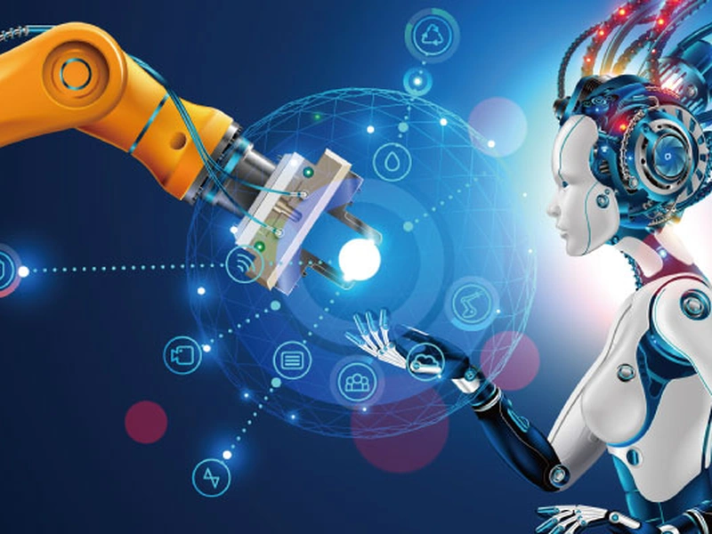 Un brazo robótico y un robot humanoide se acercan