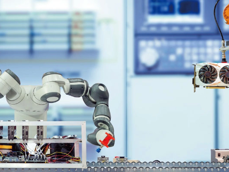 Brazos robóticos ensamblan componentes electrónicos en un entorno de laboratorio moderno.