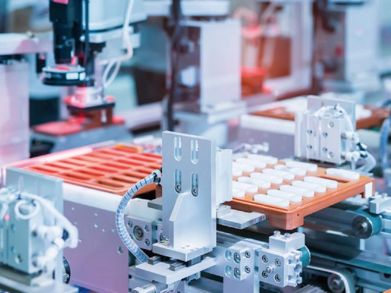 Línea de producción farmacéutica automatizada con maquinaria que manipula el envasado de tabletas.