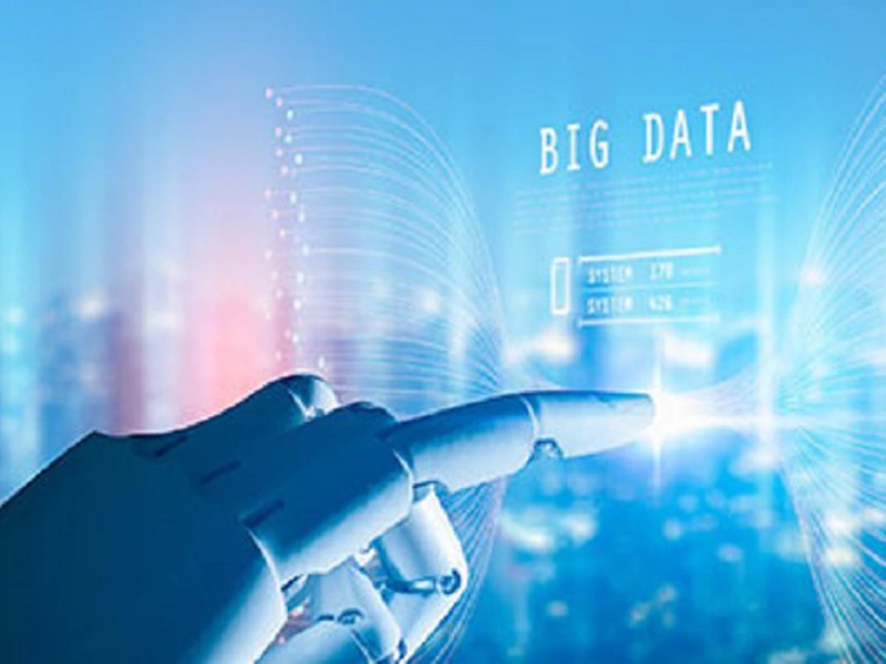Una mano robótica que apunta a imágenes de datos brillantes