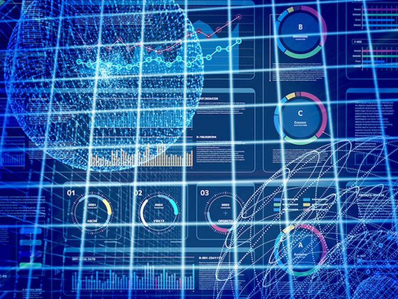 Interfaz digital abstracta con tablas, gráficos y cuadrículas superpuestas sobre un fondo azul futurista.