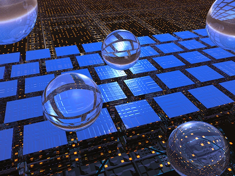 Paisaje digital futurista con cuadrados azules brillantes y esferas reflectantes.